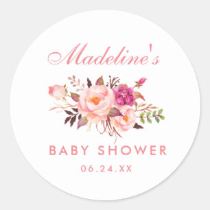 Babydusche Wasserfarbe Rosa Blüte Runder Aufkleber