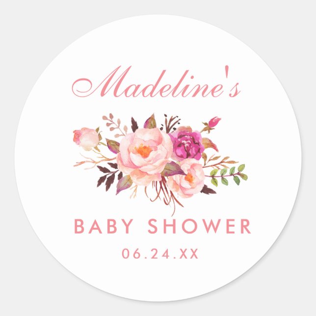 Babydusche Wasserfarbe Rosa Blüte Runder Aufkleber (Vorderseite)