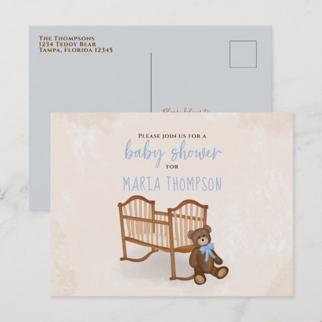 Babydusche Wasserfarbe Rustikal gefüllt Tier blau Postkarte (Vorne/Hinten)