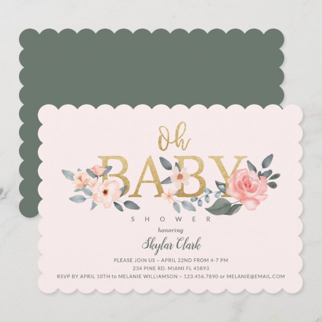 Babydusche Wasserfarben Blütengarten Rose Einladung (Vorne/Hinten)