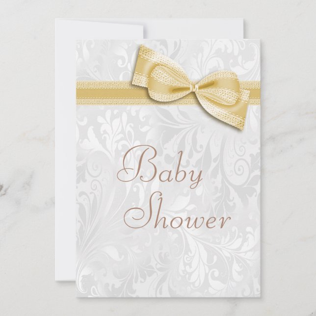 Babydusche Weiße Damasche und Imitat Bow Einladung (Vorderseite)