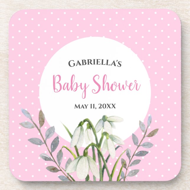 Babydusche weißer Schnee fällt rosa Polka Dots Getränkeuntersetzer (Vorderseite)
