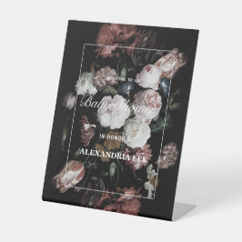 Babydusche Willkommen Dunkle schwarze Moody Floral Sockelschild