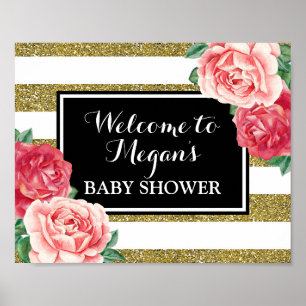 Babydusche Willkommen Schwarz Gold Rosa Blüte Poster