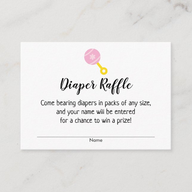 Babydusche Windeln Raffle Tickets mit rosa Rattle Begleitkarte (Vorderseite)