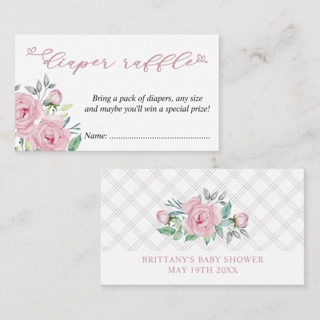 Babydusche Windelwanne rosa Peony Bouquet Begleitkarte (Vorne/Hinten)