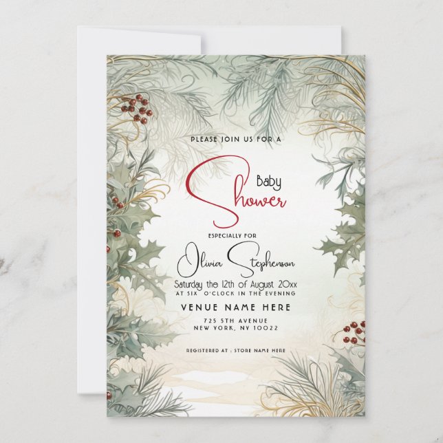 Babydusche - Winter Watercolor Botanisch Einladung (Vorderseite)