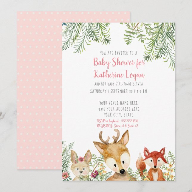 Babydusche Woodland Tiere Boho Deer Fox Bunny Einladung (Vorne/Hinten)