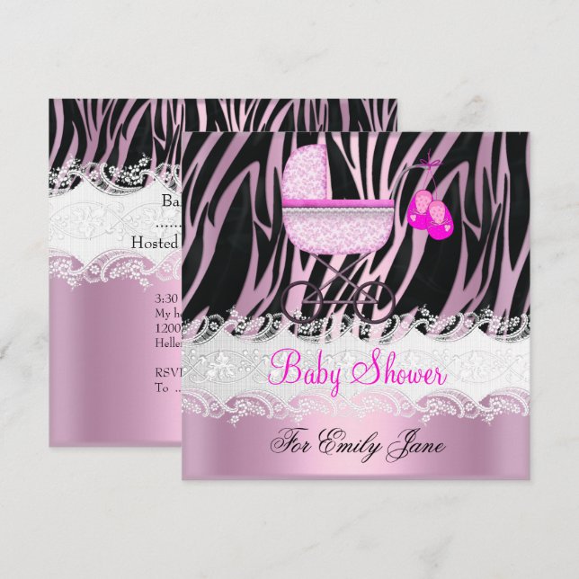 Babydusche Zebra Pink White Baby Girl Einladung (Vorne/Hinten)