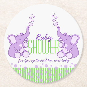 Babydusche zwei Elefanten grün lila Runder Pappuntersetzer