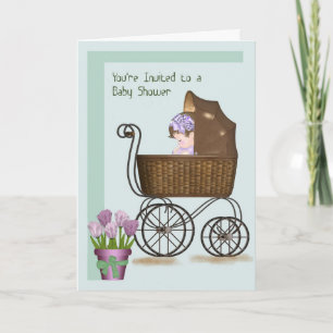 Babyduschkarte mit Baby in Retro Pram Einladung