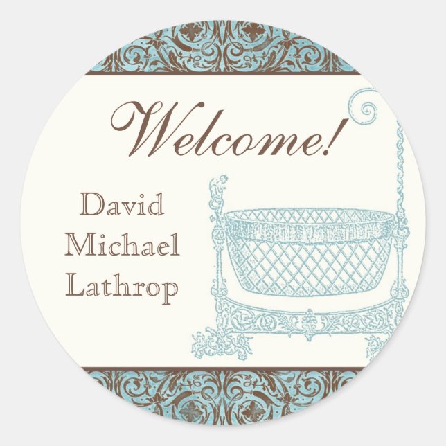 Babyduschkleber - Blue Brown Damask Cradle Runder Aufkleber (Vorderseite)
