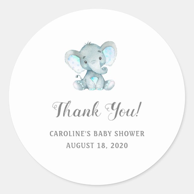 Babyduschkleber, Blue Elephant Danke, Runder Aufkleber (Vorderseite)