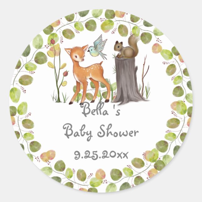 Babyduschkleber Woodland Tier Runder Aufkleber (Vorderseite)