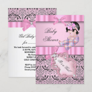 Babyduschmädchen Damask Pink Grau Einladung