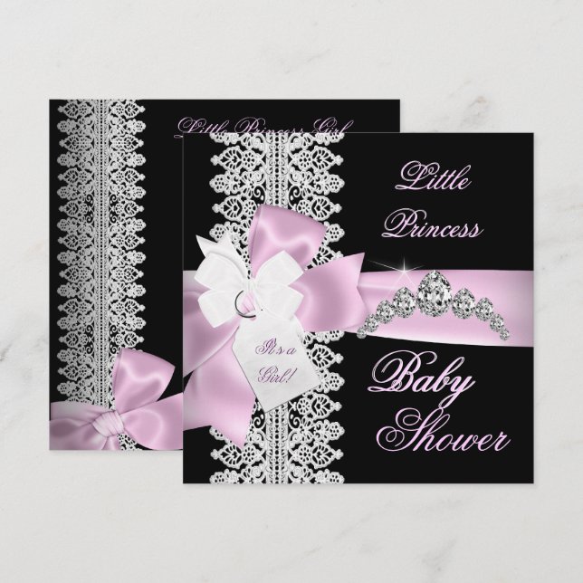 Babyduschmädchen Pink Schwarz-weiße Spitze Einladung (Vorne/Hinten)
