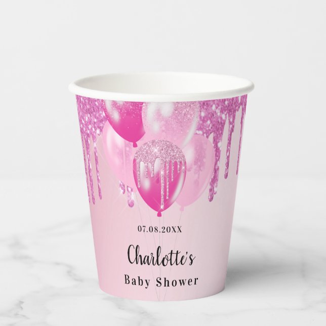 Babyduschmädchen Rosa Glitzer Ballons Pappbecher (Vorderseite)