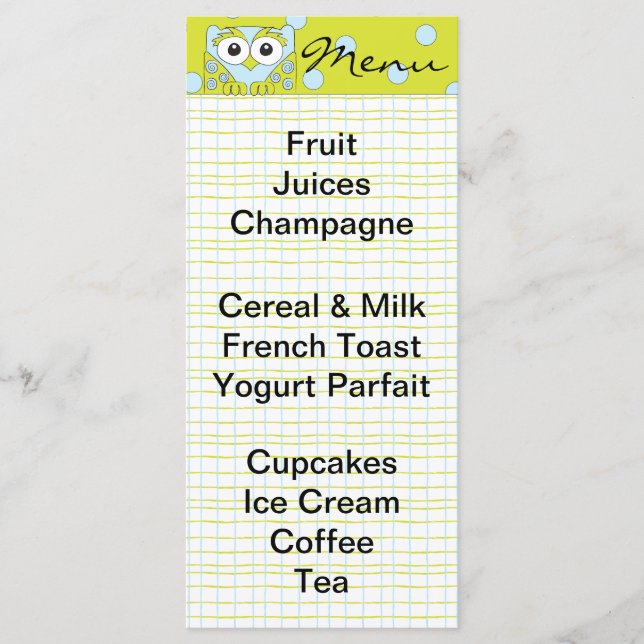 Babyduschmenü "Blue Owl" Menükarte (Vorderseite)