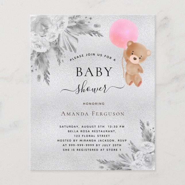 Babyduschpampen silber Teddybär Einladung (Vorderseite)