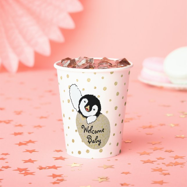 Babyduschpapier Tassen "Gold Baby Penguin" 8 oz. Pappbecher (Insitu)