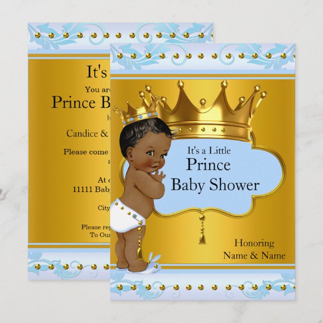 BabyduschPrinz Niedlich Boy Blue Gold Crown Ethnic Einladung (Vorne/Hinten)