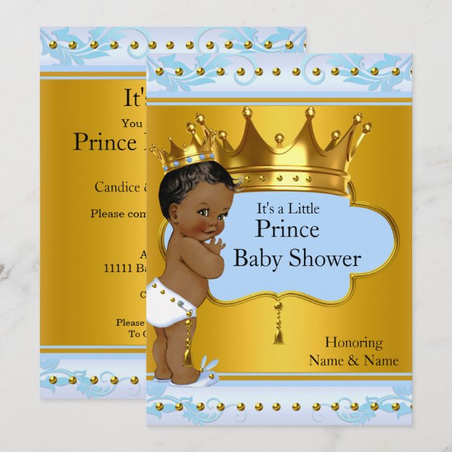 BabyduschPrinz Niedlich Boy Blue Gold Crown Ethnic Einladung (Vorne/Hinten)
