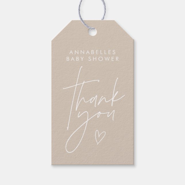 Babyduschskript modern, beige geschenkanhänger (Vorderseite)