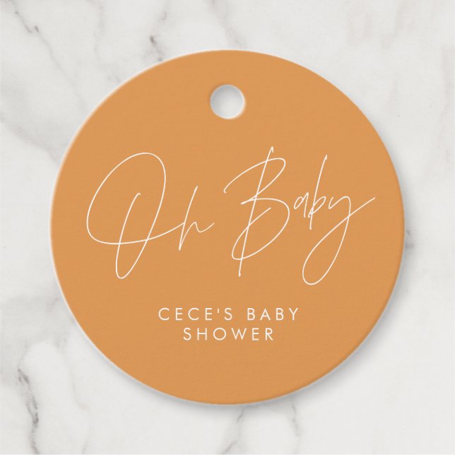 Babyduschskript modern gürtelorange elegant geschenkanhänger (Vorderseite)