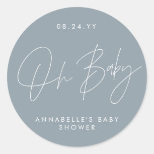 Babyduschskripte modern staubblau elegant runder aufkleber