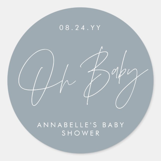 Babyduschskripte modern staubblau elegant runder aufkleber (Vorderseite)