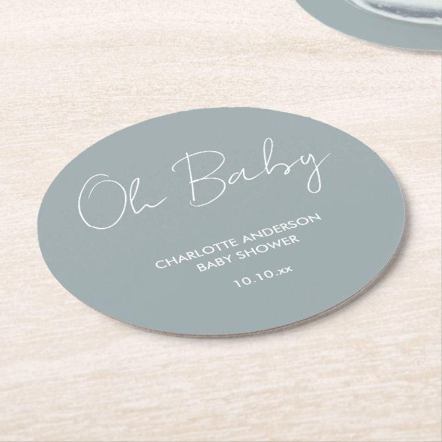 Babyduschskripte modern staubblau elegant runder pappuntersetzer (Angewinkelt)