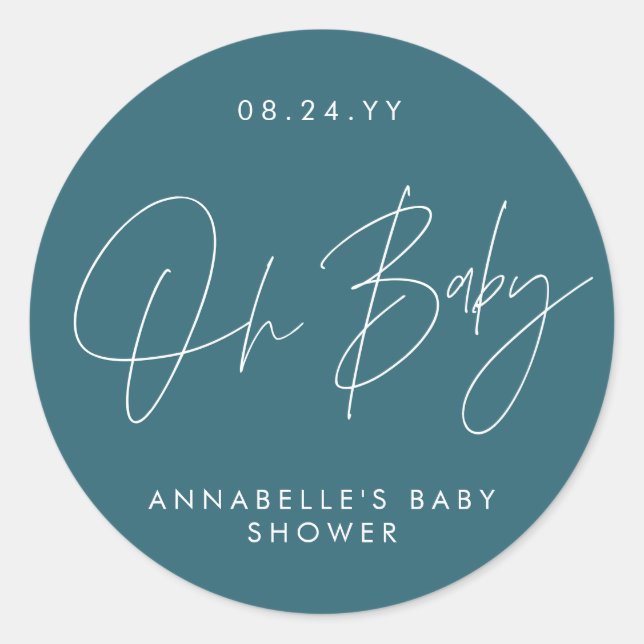 Babyduschskriptschrift modern aquamarin runder aufkleber (Vorderseite)