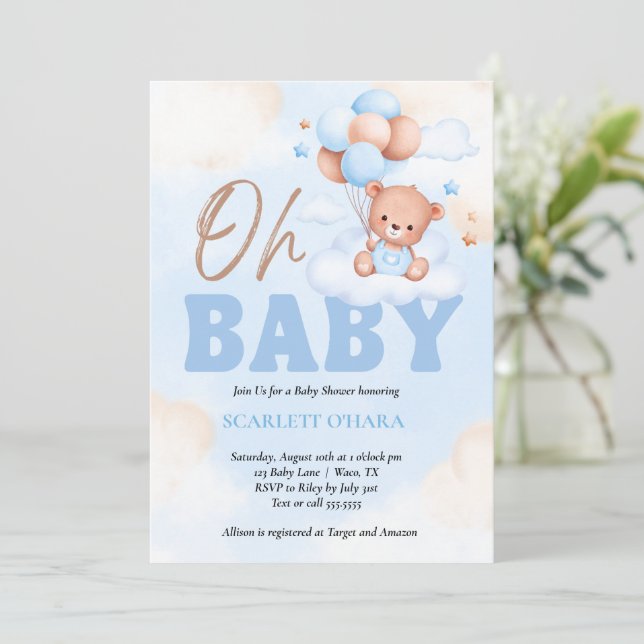 Babyduschwald niedlich Bärenblau Einladung (Stehend Vorderseite)
