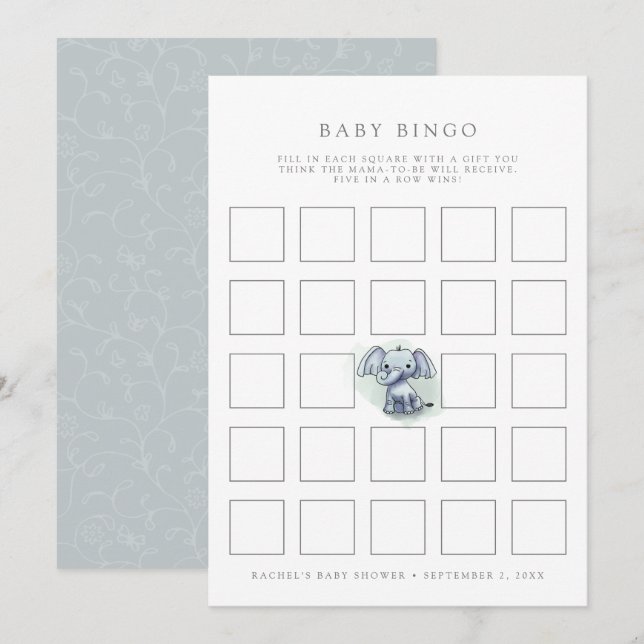 Babyelefone sitzend Baby Dusche Bingo Spielkarte Einladung (Vorne/Hinten)