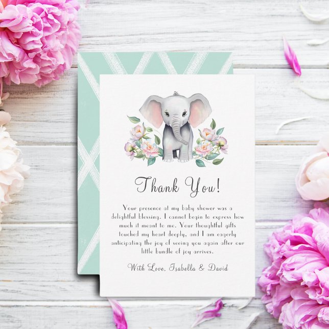 Babyelephon mit Peonies, Eukalyptus-Rückgabe Dankeskarte (Send your thanks to your guest for coming to your baby shower  with this charming thank you card. )