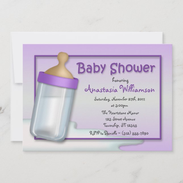 Babyflasche Lila Babydusche Einladungen (Vorderseite)
