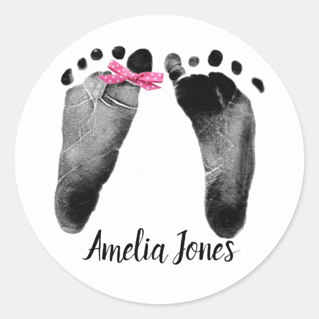 BabyFootprints mit Bow On White Runder Aufkleber (Vorderseite)