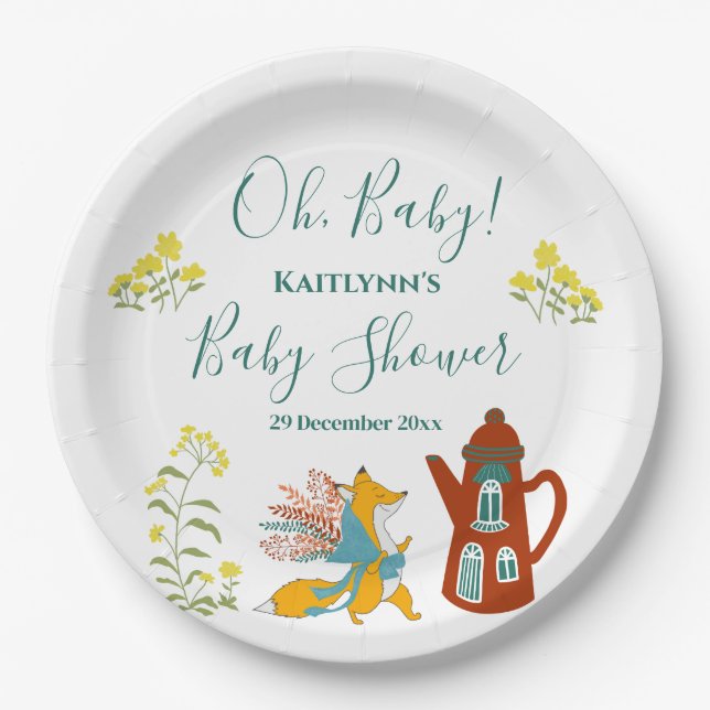 Babyfox und Blume Babydusche Dekoration Pappteller (Vorderseite)