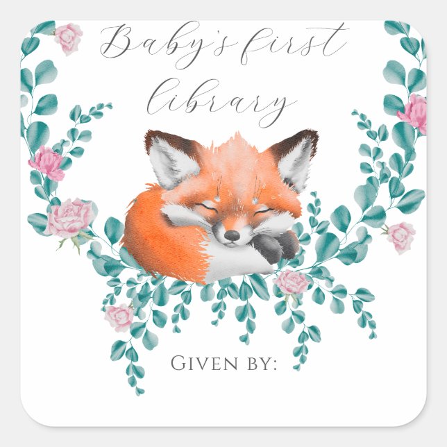 Babyfuchs in Blüte - erste Bibliothek des Babys Quadratischer Aufkleber (Vorderseite)