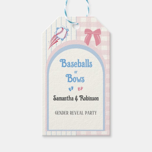 Babygeschlecht enthüllt Baseballs oder Bows Geschenkanhänger (Vorderseite)