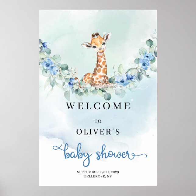 Babygiraffe Blau Blumen Kinderdusche Begrüßung Poster (Vorne)
