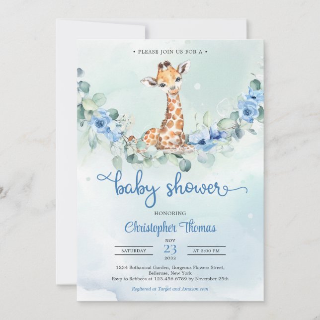 Babygiraffe, blaue Blumen Eukalyptus Baby Dusche Einladung (Vorderseite)