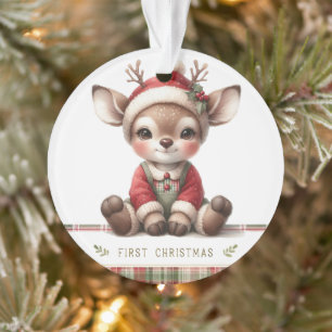 Babyhirsch in Karo-Overall und Weihnachtsmannmütze Ornament