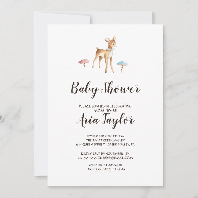 Babyhirsche auf weißer Babydusche Einladung (Vorderseite)