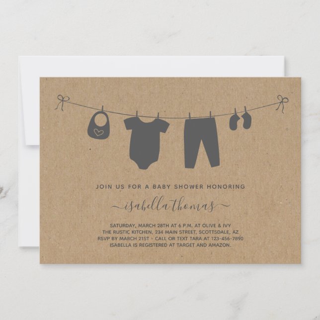 Babykleidung auf Clothesline Kinderdusche Einladun Dankeskarte (Vorderseite)