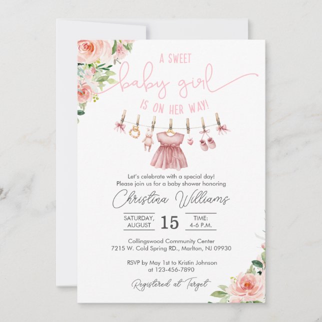 Babykleidung Kinderdusche Einladung für ein Mädche (Vorderseite)