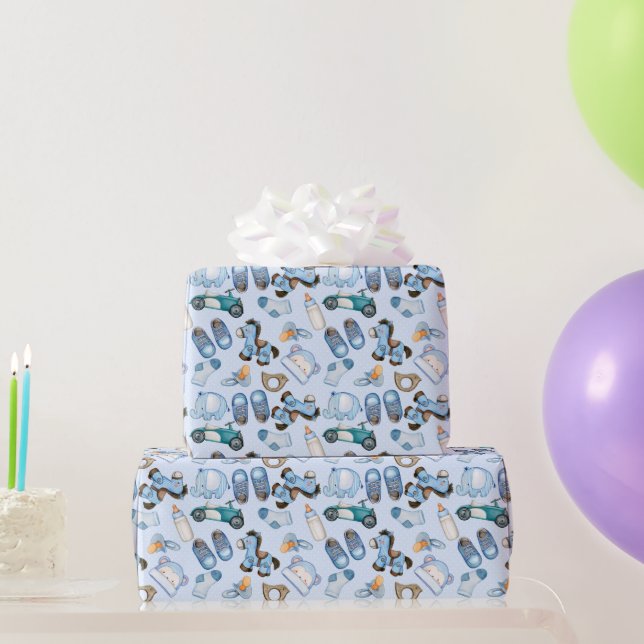 Babykleidung mit blauen Spielzeugbekleidungen Geschenkpapier (Partygeschenke)