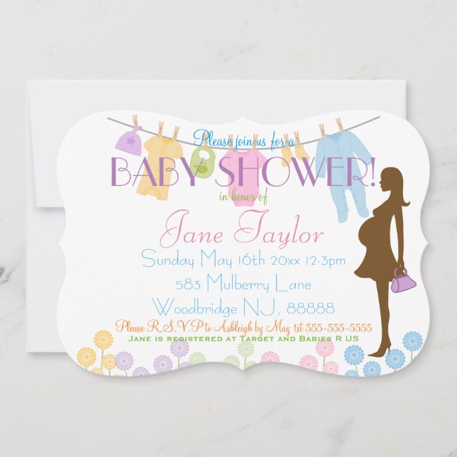 Babykleidung und Silhouette Babydusche Einladung (Vorderseite)