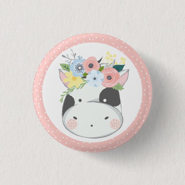 Babykuh Blumenkronenpadel Pink Farm Party Button (Vorderseite)