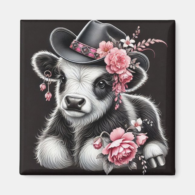 Babykuh in einem stilvollen Hut mit rosa Blüten Magnet (Vorne)